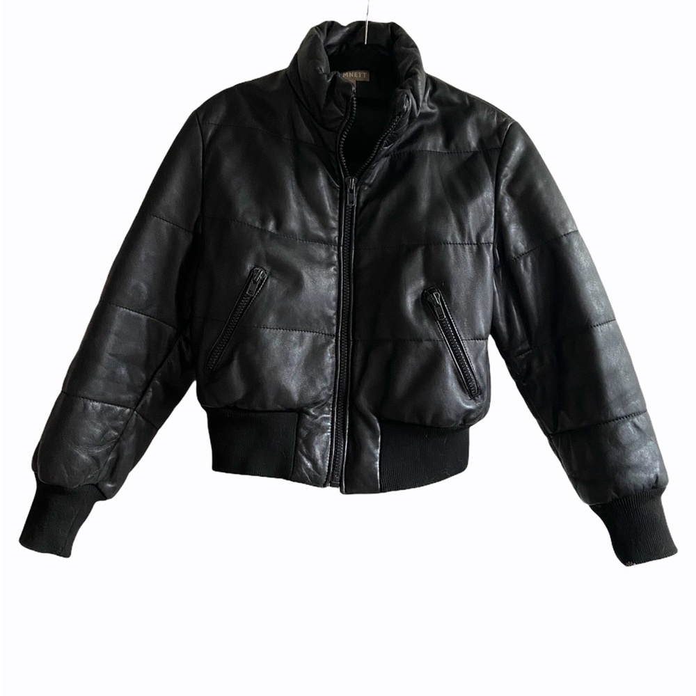 HAMNETT Women's Black Leather Puffer Bomber Jacket - Timeless Style